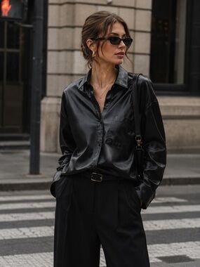 Retrod Black Faux Leather Oversized Shirt Jacket